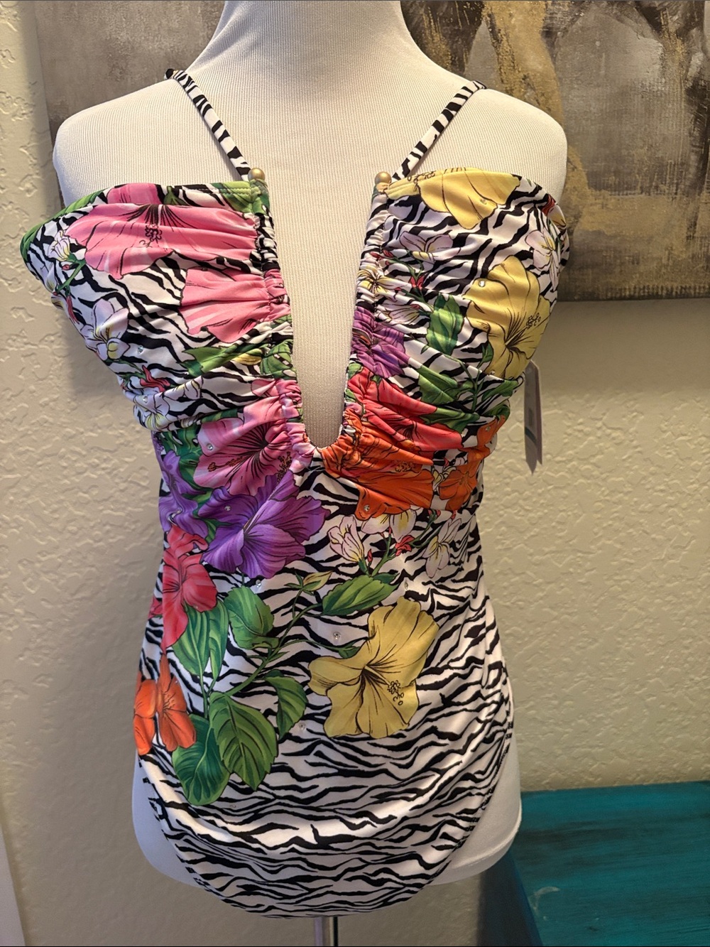 Jessica Simpson Multicolor Floral Zebra Ruched Deep V swimsuit